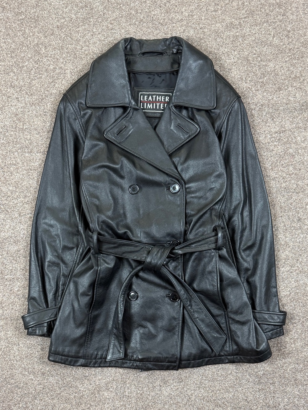 Vintage Black Leather Double Breasted Belted Short Trench Coat Women’s Medium